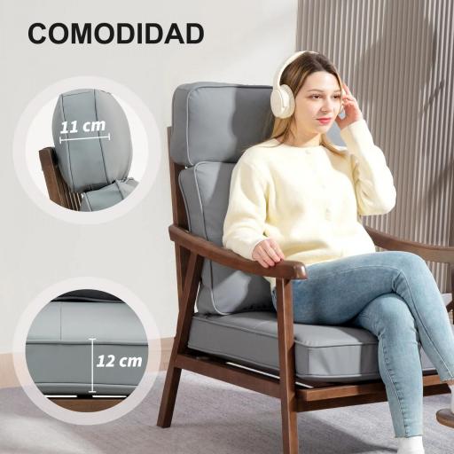 Sillón de Salón Tapizado en PU con Marco de Madera Cojines Acolchados Gruesos Gris y Madera Nogal [4]