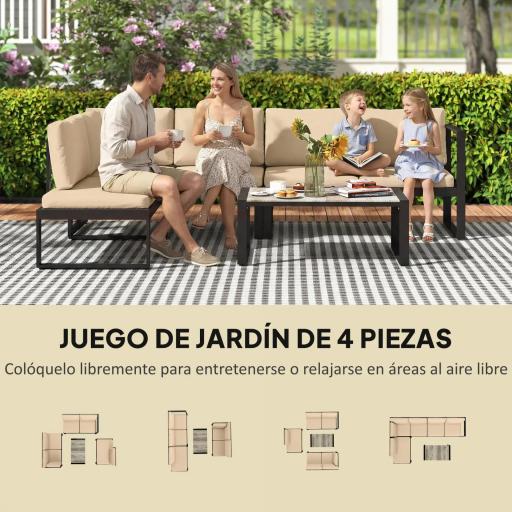 Conjunto de Jardín Exterior de 4 Piezas con 2 Sofás de 2 Plazas 1 Sillón sin Brazos y Mesa de Centro con Cojines Caqui [2]