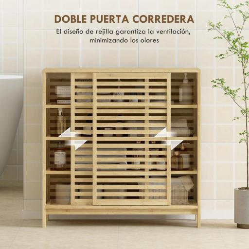 Armario de Baño de Bambú con 2 Puertas Correderas Diseño de Lamas 4 Estantes Mueble Auxiliar de Baño 80x34x80 cm Natural [4]