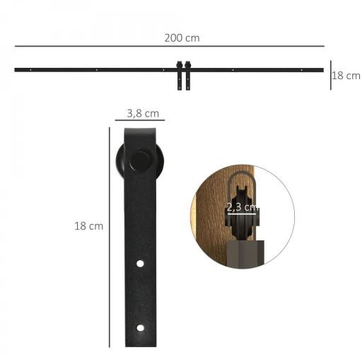 Mini Herraje para Puerta Corredera 200 cm Kit de Accesorios para Puerta Corrediza de Madera con 2 Rieles de Acero al Carbono Carga 20 kg 200x0,4x18 cm Negro [1]