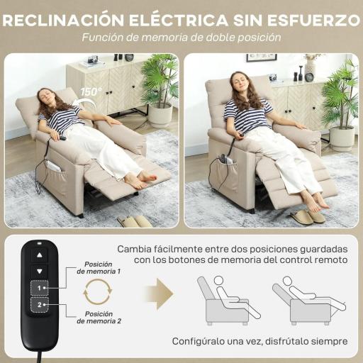 Sillón Relax Reclinable Eléctrico con Calor Lumbar Masaje Vibración Motor Silencioso Función de Memoria Beige [7]