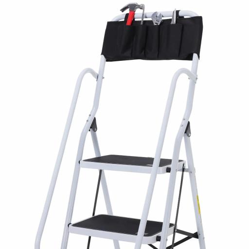 Escalera Plegable de 4 Peldaños Escalera de Tijera con Apoyabrazos y Portaherramientas 50x83x155 cm Blanco y Negro [9]