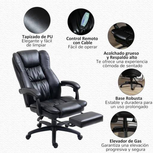 Silla de Masaje Reclinable con Altura Ajustable Reposapiés Retráctil y Control Remoto 68,5x68,5x113-121 cm Negro [6]