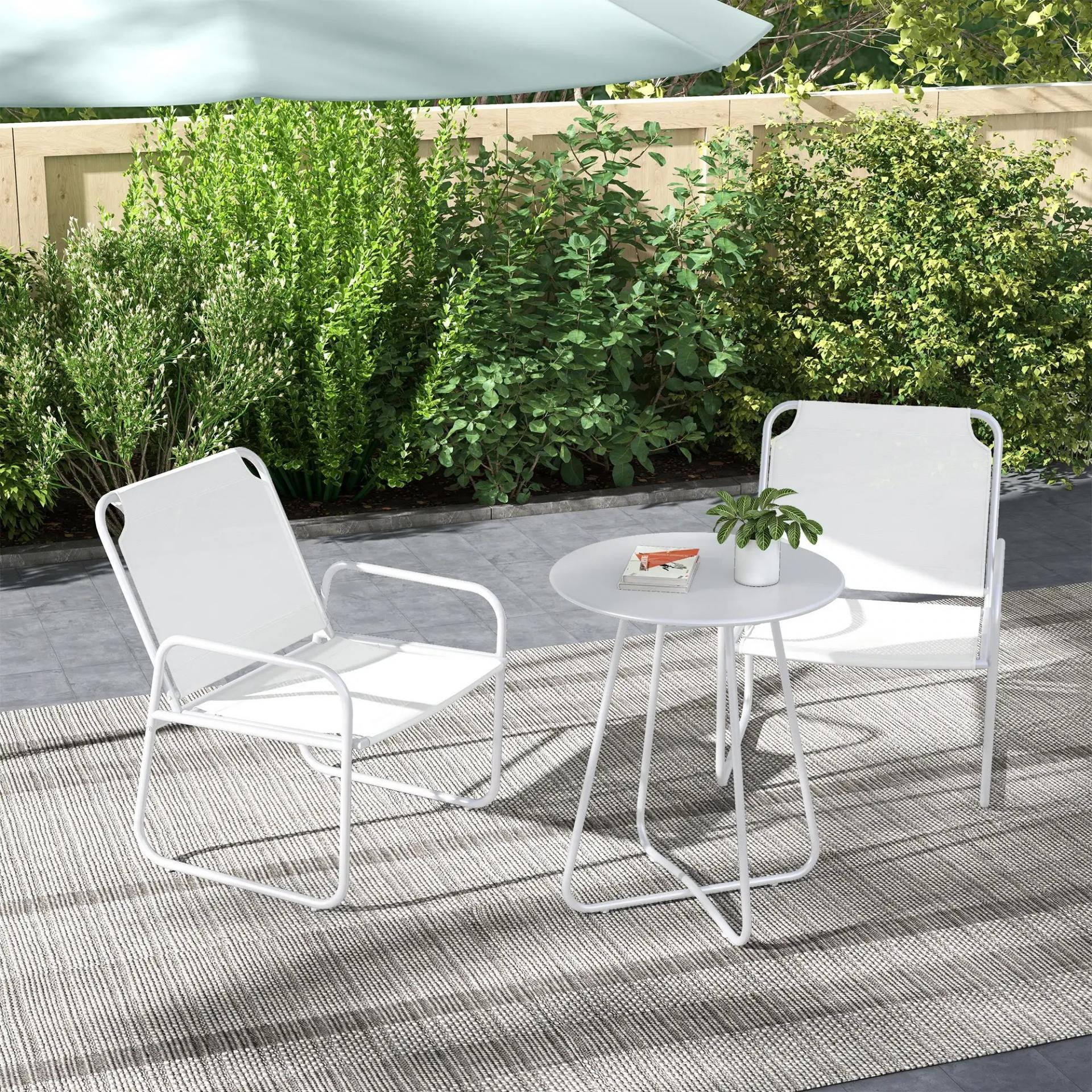 Conjunto de Muebles de Jardín de 3 Piezas con Marco de Acero Reposabrazos y Almohadillas Ajustables para los Pies Blanco