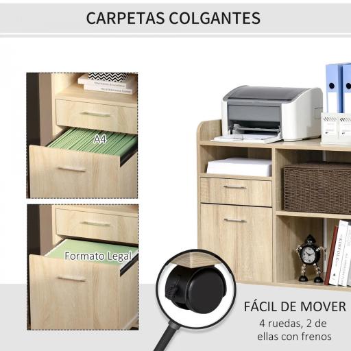 Armario para Impresora con 3 Compartimentos 2 Cajones para Archivos Estante Ajustable Ruedas 80x40x72 cm Roble [3]