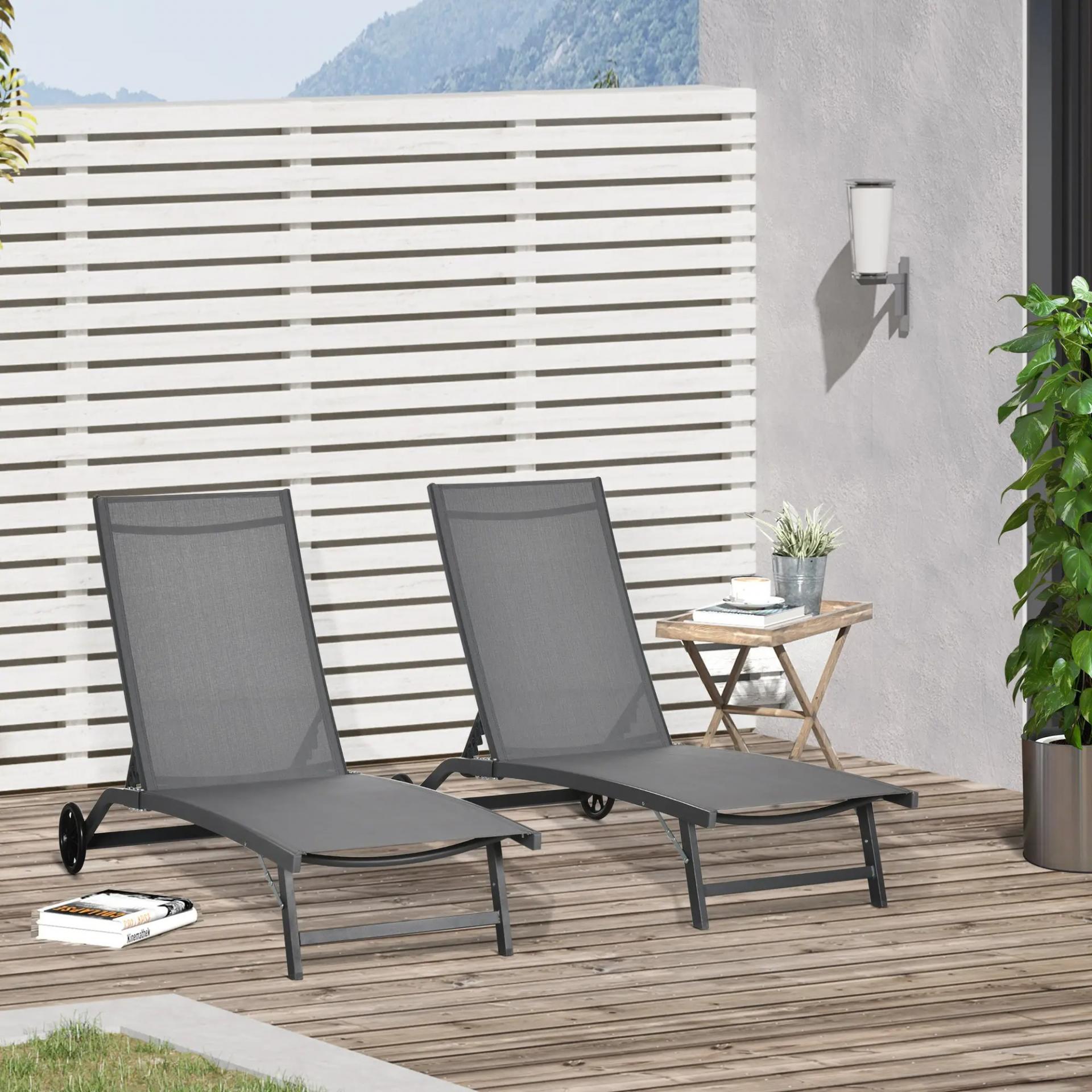 Juego de 2 Tumbonas Reclinables de Jardín de Aluminio con Respaldo Ajustable y Ruedas 165x66x102 cm Gris Oscuro