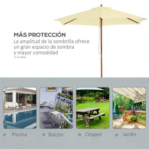 Sombrilla Parasol de Madera 250x230 cm para Exterior con 6 Varillas Sistema de Polea Color Crema [3]