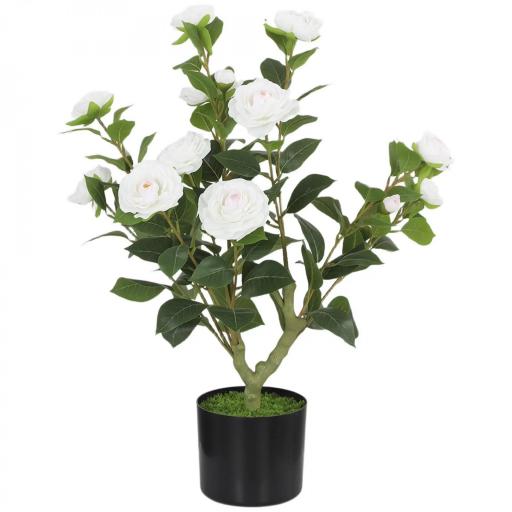 Planta Artificial de Camelia 65cm Árbol Artificial en Maceta con Flores de Seda Realistas 116 Hojas Efecto Musgo Blanco [9]