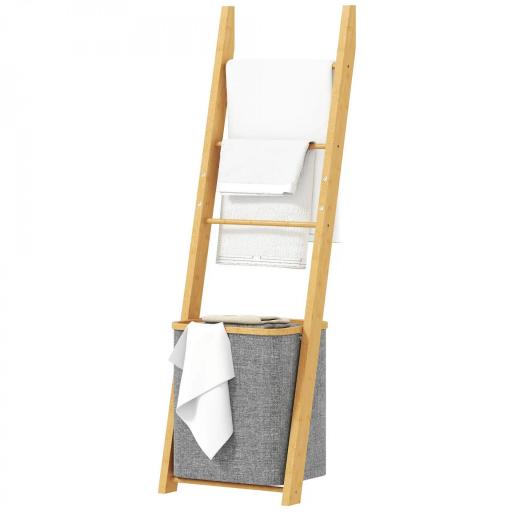 Estantería para Baño de Bambú Toallero de Pie con 3 Barras Cesto para Ropa Sucia Extraíble de 48 L Gris [7]