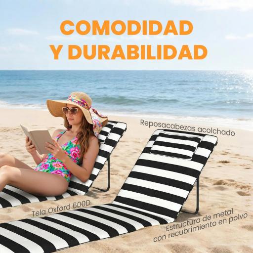 Conjunto de 2 Esterillas de Playa Plegable con Respaldo Ajustable Reposacabezas Acolchado 150x50x2 cm Gris y Blanco [4]