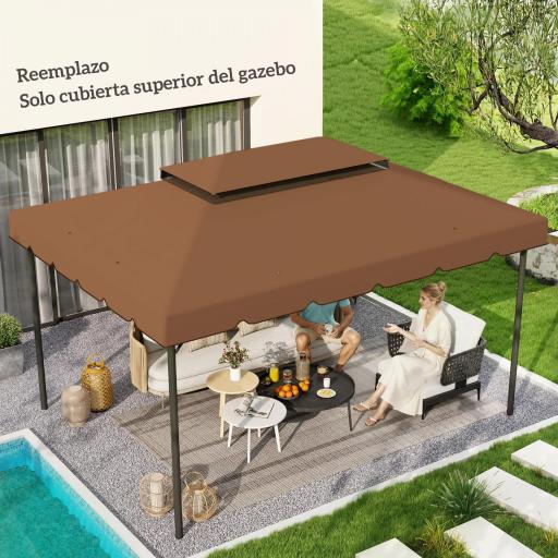 Toldo de Recambio para Cenador 4x3 m con Techo Doble Orificios de Drenaje Solo Toldo NO Incluye Marco Café [4]