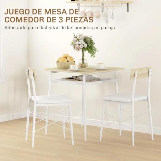 Conjunto de Mesa y Sillas de Comedor de 3 Piezas con Estante Abierto Estructura de Acero Blanco y Roble [1]