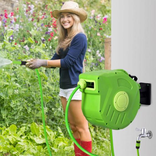 Carrete para Manguera 15M+1,5M Soporte Mural Portamanguera Roll-up Automático Giratorio 180° con Pistola de Pulverización Gran Alcance Base de Pared Conector de Manguera para Jardín Terraza