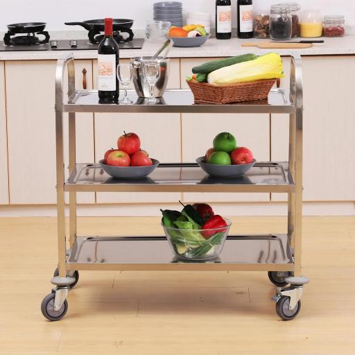 Carrito Auxiliar con Ruedas de Acero Inoxidable 90,5x50,5x88,2 cm Carrito de Cocina con Bandejas y 2 Brazos Plata