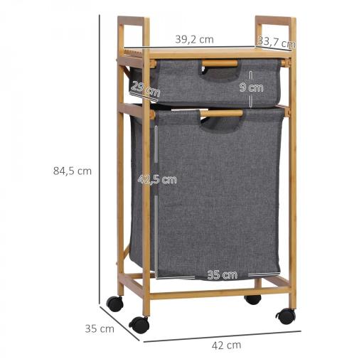 Cesto para Ropa Sucia Cesta para la Colada de Bambú con 2 Bolsas de Tela Extraíbles y Ruedas 42x35x84,5 cm Gris [1]