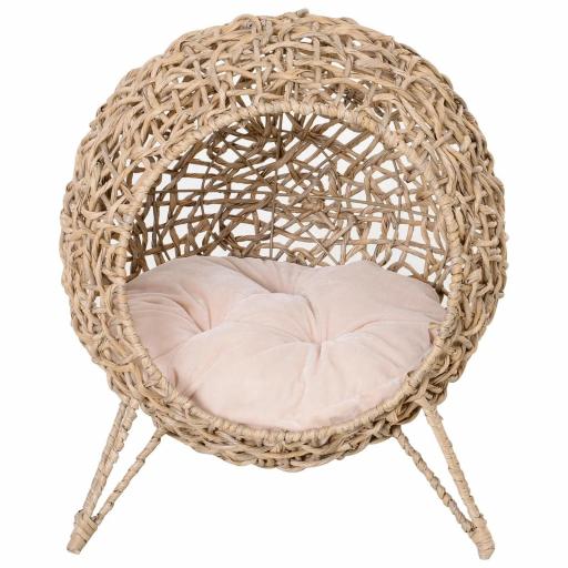 Cama Cueva de Ratán para Gatos o Mascotas Pequeña con Base Trípode Cojín de Felpa y Algodón Suave Diseño Elevado Estable Φ52x58 cm Madera Natural [5]