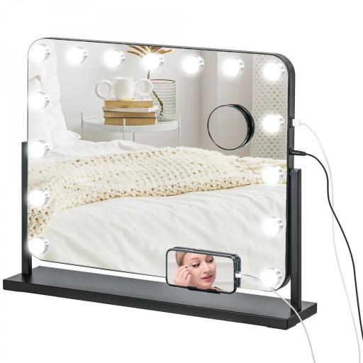 Espejo de Tocador Giratorio 58x46 cm con 14 Bombillas LED 3 Modos de Iluminación Ajustables Interruptor Táctil Negro [8]