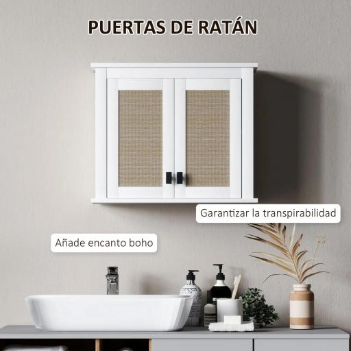 Armario de Pared para Baño Mueble de Baño Suspendido con 2 Puertas de Ratán PE Estante Ajustable 60x19,5x49,4 cm Blanco [2]