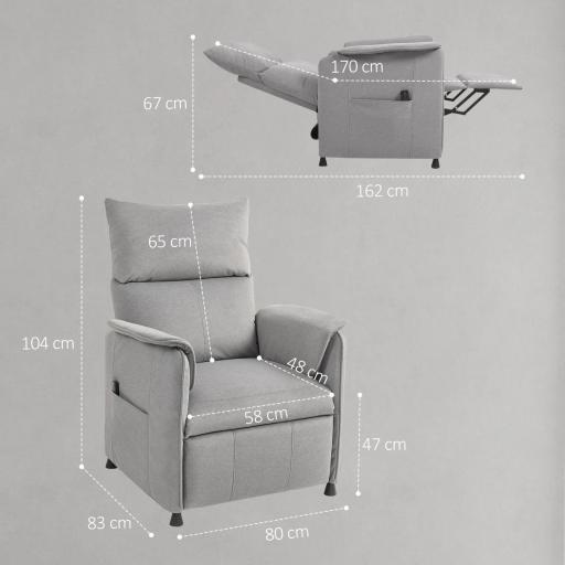 Sillón Reclinable con Motor sin Escobillas Reposapiés Tapizado Resistente y Bolsillos Laterales 80x83x104 cm Gris [1]