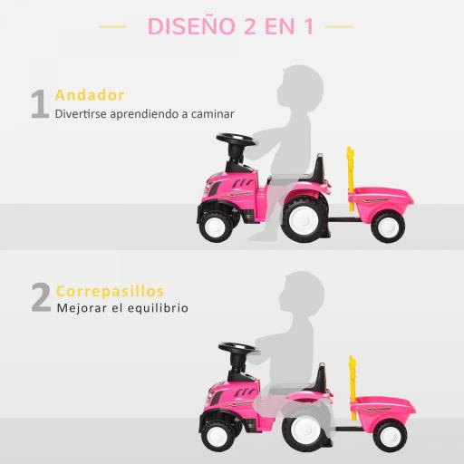 Tractor sin Pedales para Niños de 12-36 Meses con Remolque Extraíble Coche Correpasillos con Bocina Faros Pala Asiento de Suelo 25 cm y Rastrillo Carga 25 kg 91x29x44 cm Rosa [3]