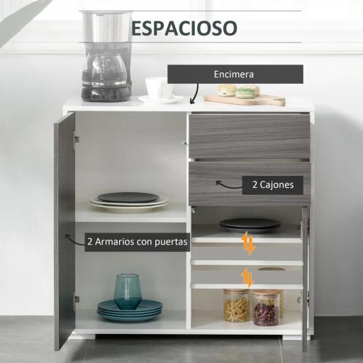Aparador para Cocina con 2 Puertas 2 Cajones Marco de Blanco Brillante Estante Ajustable Apertura a Presión Armario de Almacenamiento para Dormitorio Salón 79x36x74 cm Gris [2]