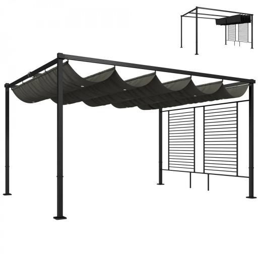 Pérgola de Jardín 4x3 m con Techo Retráctil 2 Paneles de Privacidad UPF50+ Cenador de Jardín para Patio Exterior Gris [8]