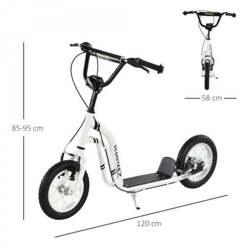 Patinete para Niños Mayores de 5 Años Scooter 2 Neumáticos Inflables de Caucho con Frenos Manillar Ajustable Pedal Antideslizante 120x58x85-95 cm Blanco [1]
