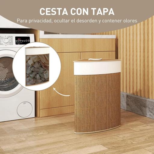 Cesto Ropa Sucia Bambú para Esquina 55L con Tapa y Asa Bolsa Extraíble Lavable 35x35x60 cm Marrón [4]
