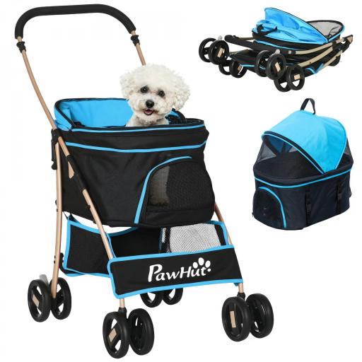 Carrito para Perros Pequeños 3 en 1 con Vagón Desmontable Cesta de Almacenaje Correas de Seguridad y Cojín Azul [8]