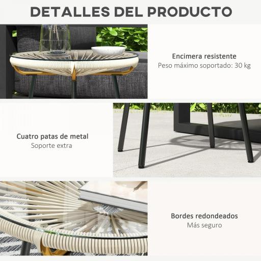 Mesa Auxiliar de Ratán Sintético Redonda para Exteriores con Encimera de Vidrio Templado Ø50x50 cm Crema [5]