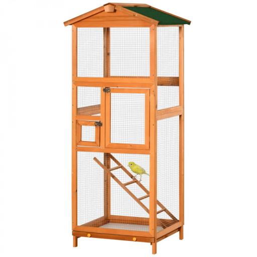 Jaula para Pájaros Grande de Madera de Abeto con 2 Puertas Bandeja Extraíble y Techo Asfáltico 68x63x165cm Madera [9]