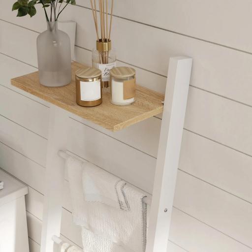 Toallero Escalera con Estante Superior y 4 Barras Toallero de Baño para Apoyar en Pared 43x20x151 cm Blanco y Roble [6]
