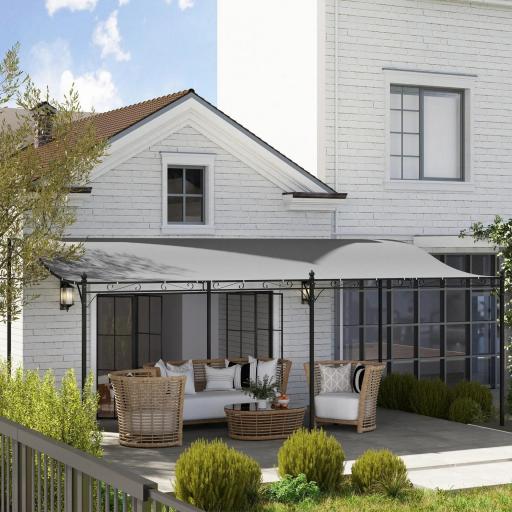 Pérgola de Pared 3x6 m con Techo Inclinado Orificios de Drenaje y Estructura Metálica Gris Oscuro [7]