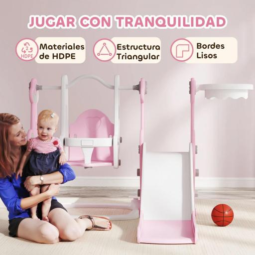  4 en 1 Parque Infantil Interior para +18 Meses Conjunto con Trepador y Canasta con Temática de Cohete Rosa y Blanco [2]