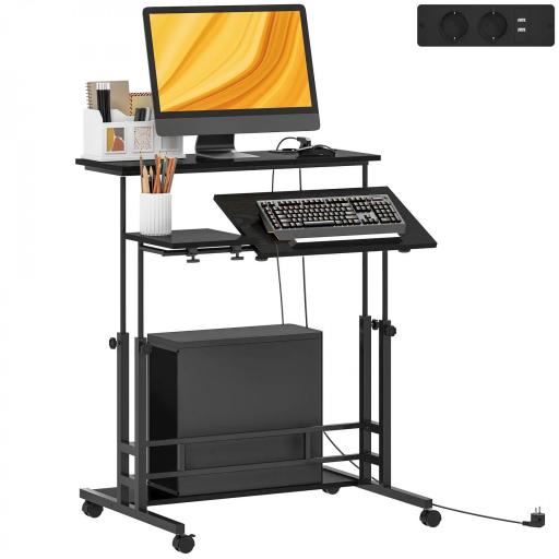 Escritorio Elevable con Ruedas Enchufes Puertos USB Altura Ajustable Panel Central Inclinado y Estante 80x60 cm Negro [3]