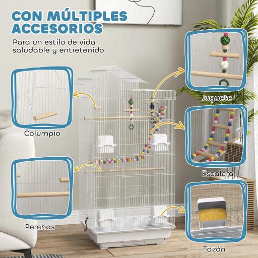 Pajarera con Múltiples Puertas 4 Comederos 3 Perchas Columpio Escaleras y Bandeja Extraíble 46x36x100 cm Blanco [3]