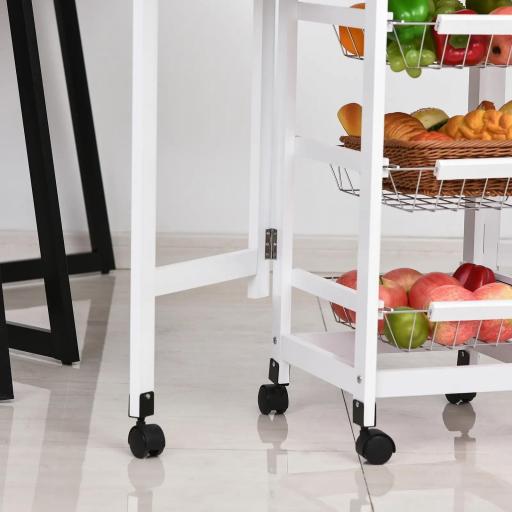 Carrito Auxiliar Plegable Carrito de Cocina con 6 Ruedas 1 Cajón y 3 Cesta de Metal 97,2x37x77,5 cm Blanco y Roble [7]