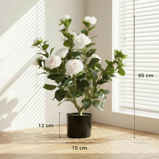Planta Artificial de Camelia 65cm Árbol Artificial en Maceta con Flores de Seda Realistas 116 Hojas Efecto Musgo Blanco [1]