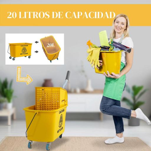 Cubo de Fregar con Escurridor Panel Separador y Ruedas Capacidad 20L para Limpieza Doméstica 45x26,5x70 cm Amarillo [4]