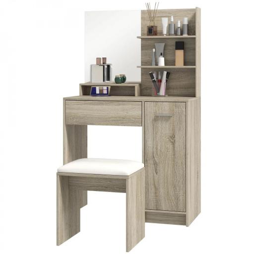 Tocador de Maquillaje con Taburete Espejo Estantes Abiertos Cajón y Estante Ajustable Anti-vuelco Natural y Beige [8]