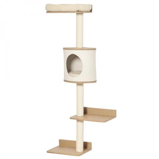 Árbol para Gatos de Pared 38x30x149 cm con Múltiples Plataformas de Madera Cueva Cama Superior Cojín Extraíble Postes Rascadores de Sisal Torre para Escalar Beige y Roble [7]
