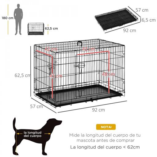 Jaula para Perros Plegable Transportín para Perros con 2 Puertas Bandeja Extraíble Asa de Transporte 90x57,5x62 cm Negro [1]