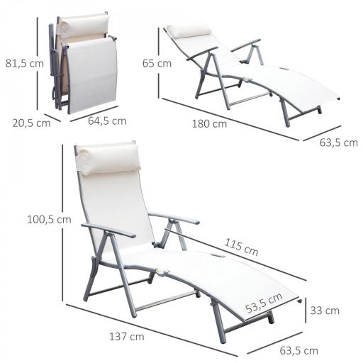 Tumbona de Jardín Plegable con Respaldo Ajustable en 7 Niveles Almohada y Reposabrazos 137x63,5x100,5 cm Beige [1]