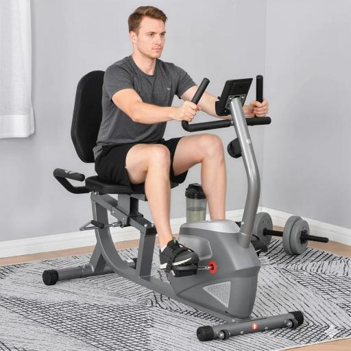 Bicicleta Estática Reclinada Resistencia Magnética de 8 Niveles Pantalla LCD con Pulsómetro Volante de Inercia de 3 kg Portabotellas Asiento Ajustable 121,5-para Casa 136x62,5x98 cm Gris