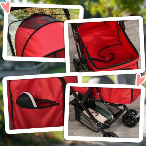 Carrito para Perros Plegable con Mango Reversible Ventana de Malla Cesta de Almacenamiento 76,5x52x95 cm Rojo [3]