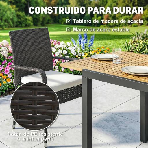 Conjunto de Mesa y Sillas Jardín de Ratán 7 Piezas con Mesa Extensible con Tablero Madera y 6 Sillas Apilables Cojines [2]