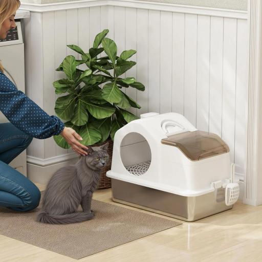 Arenero para Gatos Cubierto con Bandeja de Acero Inoxidable Tapa Extraíble Bordes Altos Fácil de Limpiar Blanco