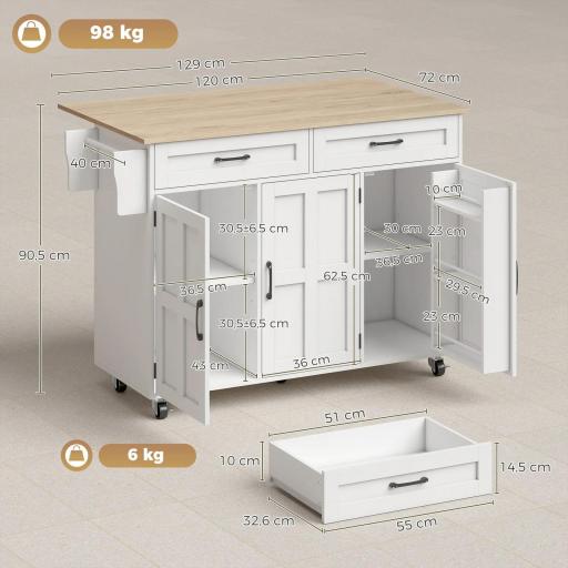 Isla de Cocina con Encimera Extensible Ruedas 2 Cajones 3 Armarios Estantes en la Puerta Toallero Blanco [1]