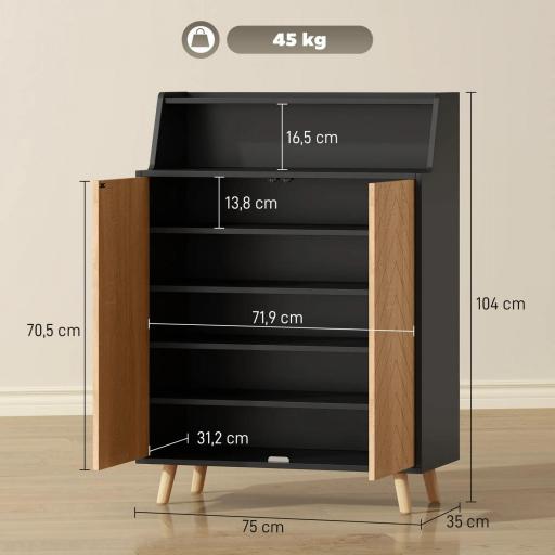 Zapatero Entrada Recibidor con 2 Puertas Estantes Ajustables y Compartimento Abierto 75x35x104 cm Negro y Natural [1]