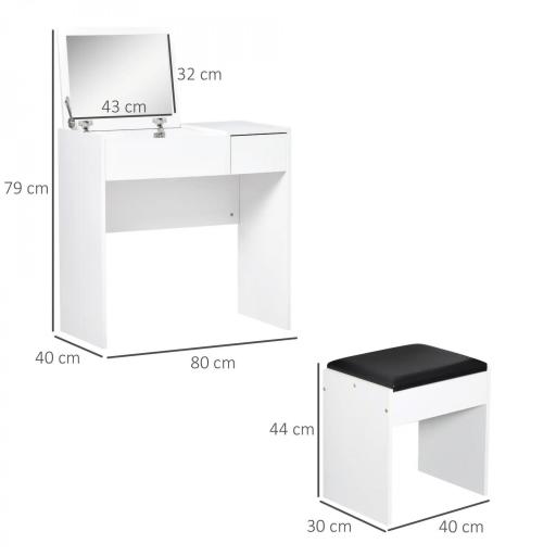 Tocador de Maquillaje con Taburete Mesa de Maquillaje con Espejo Tapa Abatible y Cajas 80x40x79 cm y 40x30x40 cm [1]